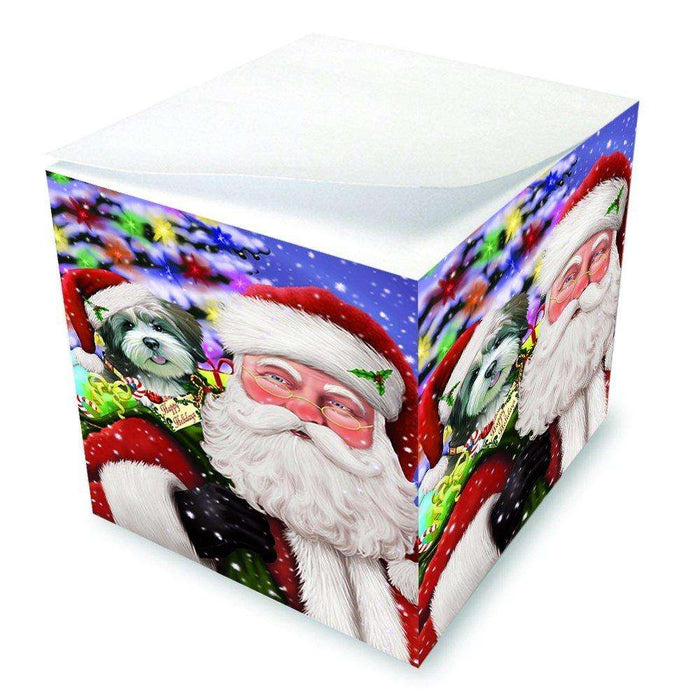 Jolly Old Saint Nick Santa Holding Lhasa Apso Dog and Happy Holiday Gifts Note Cube D236