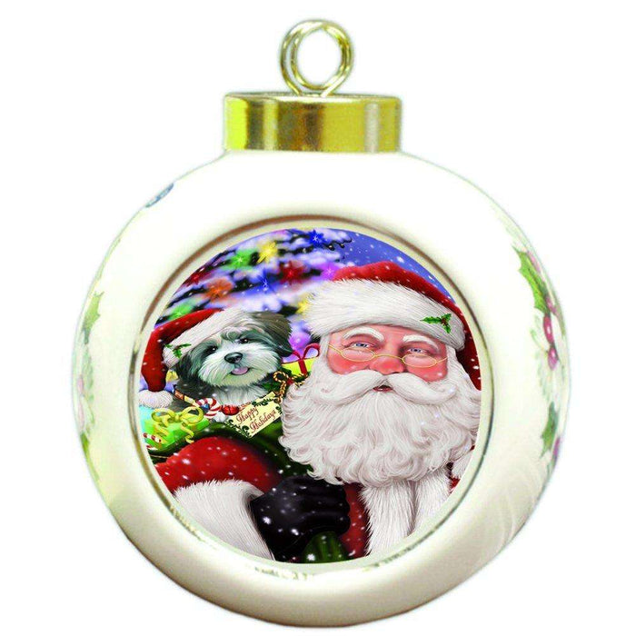 Jolly Old Saint Nick Santa Holding Lhasa Apso Dog and Happy Holiday Gifts Round Ball Christmas Ornament D206