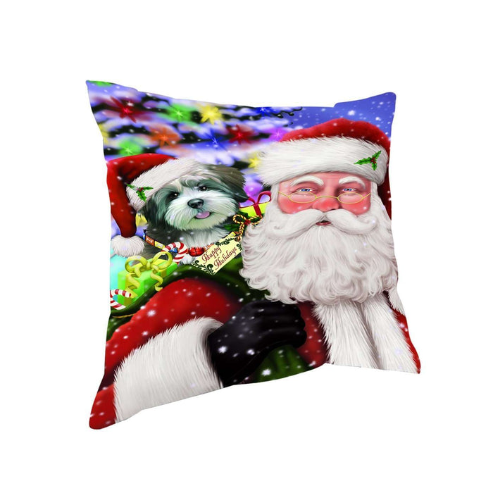 Jolly Old Saint Nick Santa Holding Lhasa Apso Dog and Happy Holiday Gifts Throw Pillow
