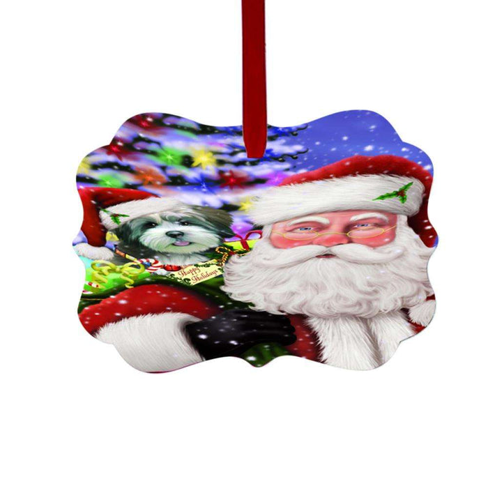 Jolly Old Saint Nick Santa Holding Lhasa Apso Dog and Holiday Gifts Double-Sided Photo Benelux Christmas Ornament LOR48862