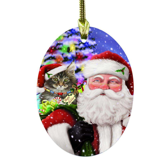 Jolly Old Saint Nick Santa Holding Maine Coon Cat and Happy Holiday Gifts Oval Glass Christmas Ornament OGOR48863