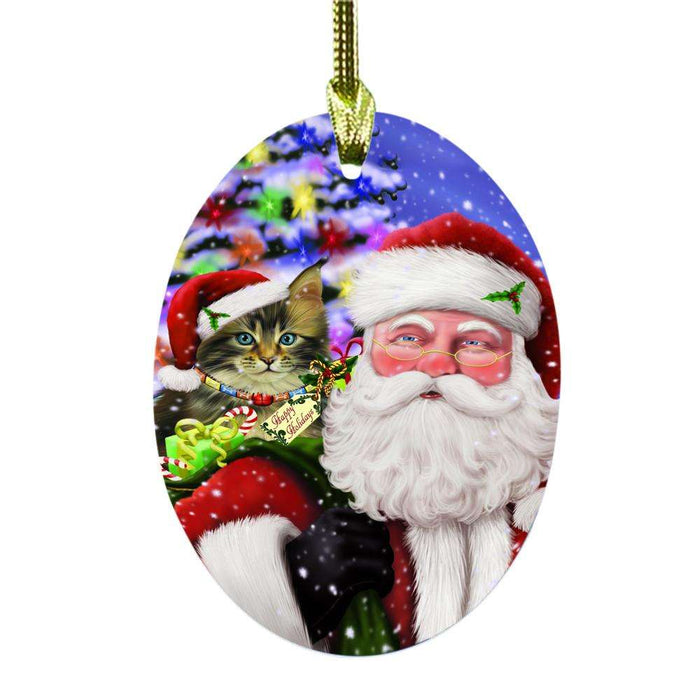 Jolly Old Saint Nick Santa Holding Maine Coon Cat and Happy Holiday Gifts Oval Glass Christmas Ornament OGOR48865