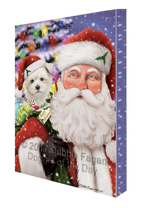 Jolly Old Saint Nick Santa Holding Maltese Dog and Happy Holiday Gifts Canvas Wall Art