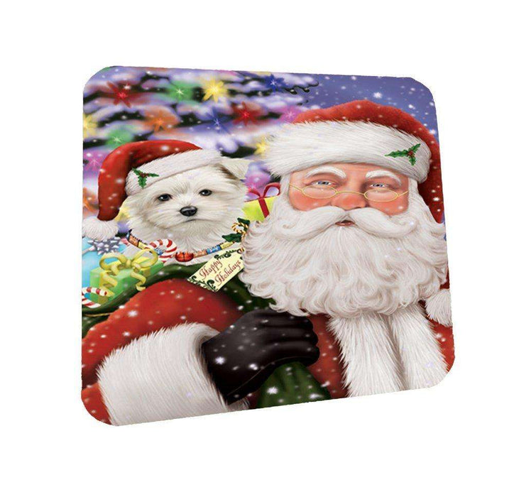 Jolly Old Saint Nick Santa Holding Maltese Dog and Happy Holiday Gifts Coasters Set of 4