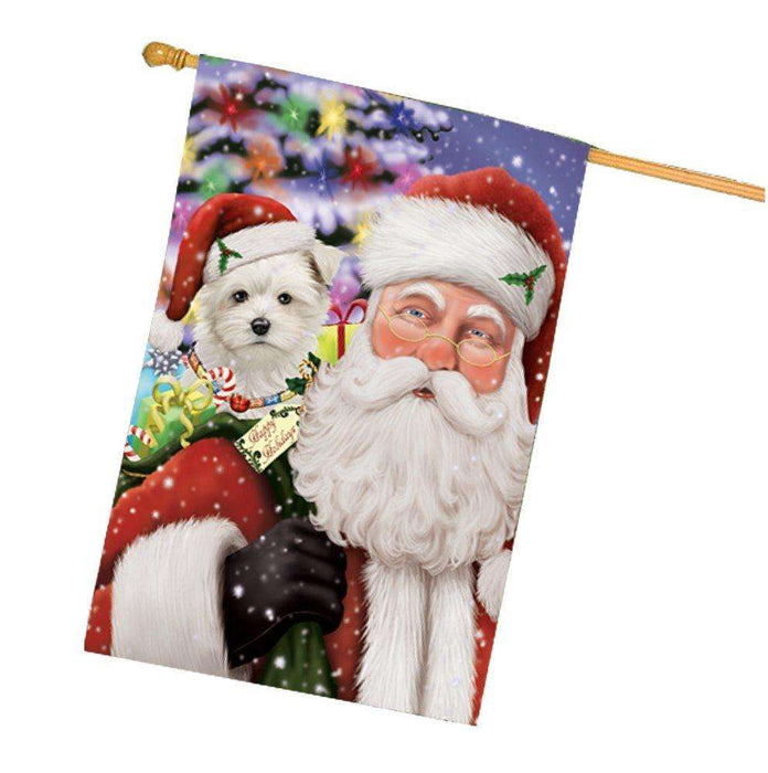 Jolly Old Saint Nick Santa Holding Maltese Dog and Happy Holiday Gifts House Flag