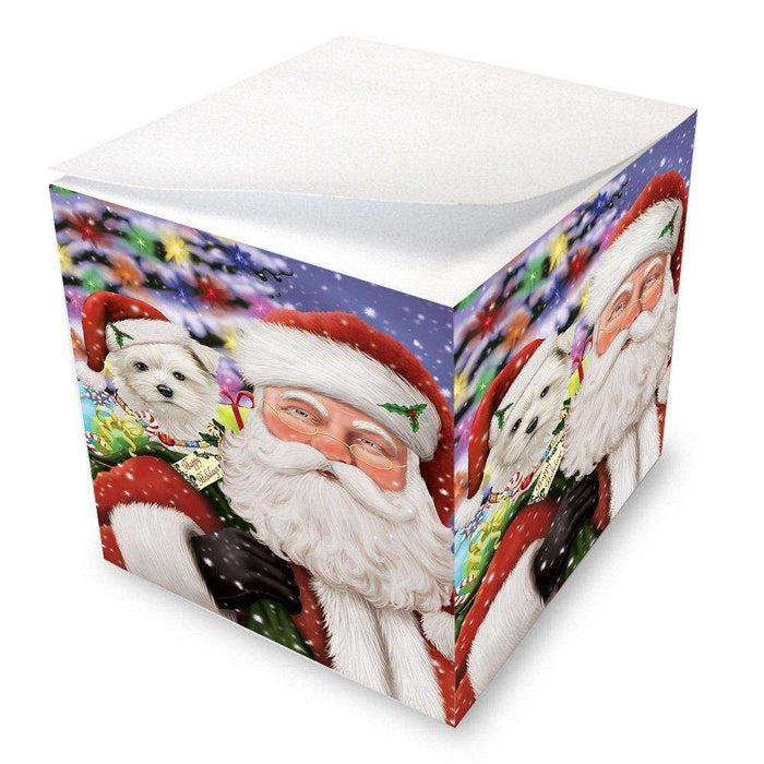 Jolly Old Saint Nick Santa Holding Maltese Dog and Happy Holiday Gifts Note Cube D191