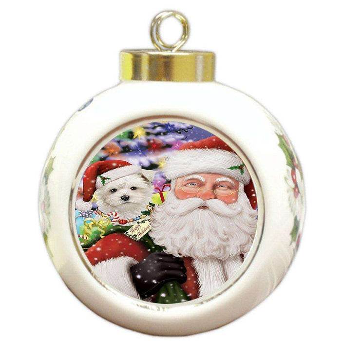 Jolly Old Saint Nick Santa Holding Maltese Dog and Happy Holiday Gifts Round Ball Christmas Ornament
