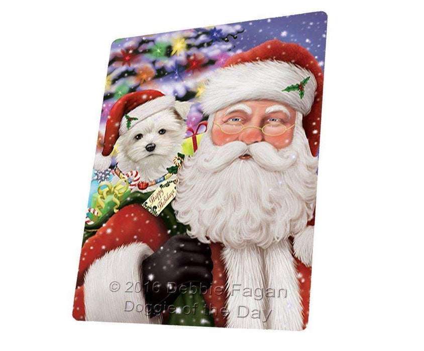Jolly Old Saint Nick Santa Holding Maltese Dog and Happy Holiday Gifts Tempered Cutting Board