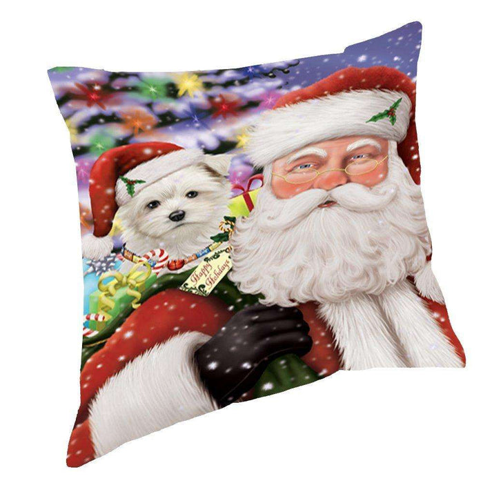 Jolly Old Saint Nick Santa Holding Maltese Dog and Happy Holiday Gifts Throw Pillow