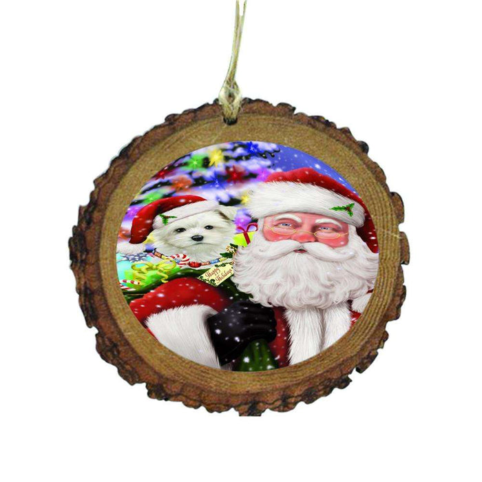 Jolly Old Saint Nick Santa Holding Maltese Dog and Happy Holiday Gifts Wooden Christmas Ornament WOR48866