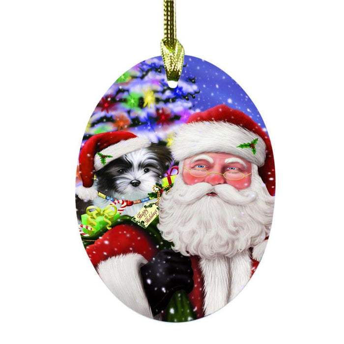 Jolly Old Saint Nick Santa Holding Malti Tzu Dog and Happy Holiday Gifts Oval Glass Christmas Ornament OGOR48867