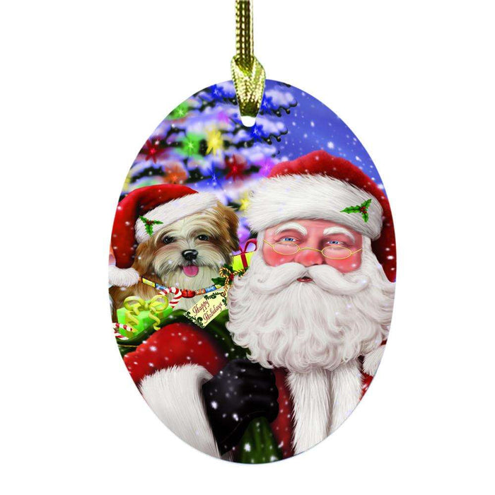 Jolly Old Saint Nick Santa Holding Malti Tzu Dog and Happy Holiday Gifts Oval Glass Christmas Ornament OGOR48869