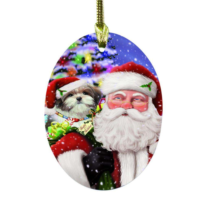 Jolly Old Saint Nick Santa Holding Malti Tzu Dog and Happy Holiday Gifts Oval Glass Christmas Ornament OGOR48870