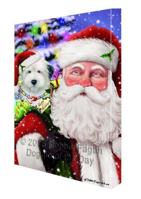 Jolly Old Saint Nick Santa Holding Old English Sheepdog Dog and Happy Holiday Gifts Canvas Wall Art