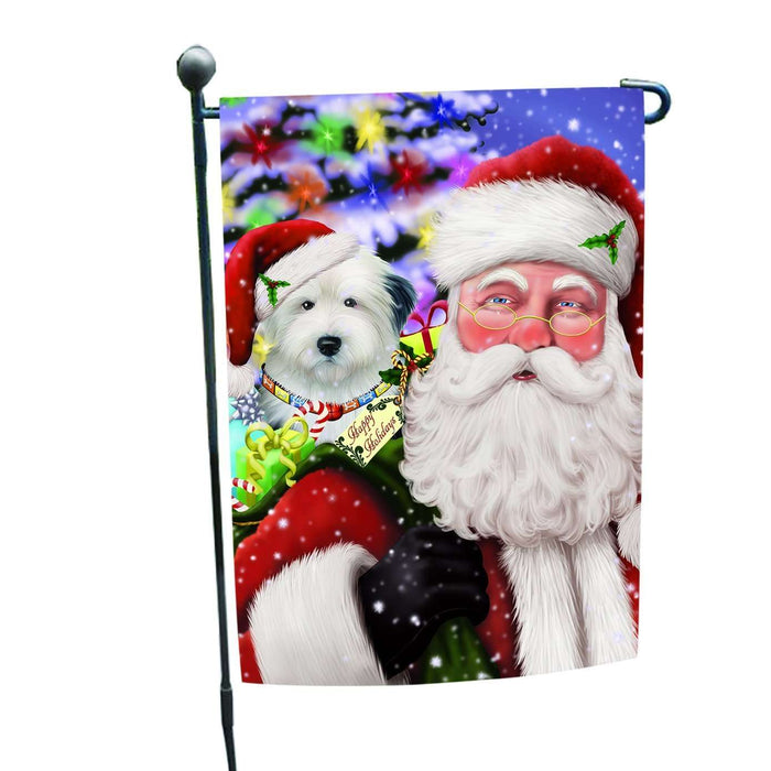 Jolly Old Saint Nick Santa Holding Old English Sheepdog Dog and Happy Holiday Gifts Garden Flag