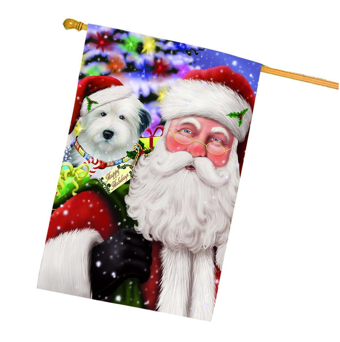 Jolly Old Saint Nick Santa Holding Old English Sheepdog Dog and Happy Holiday Gifts House Flag