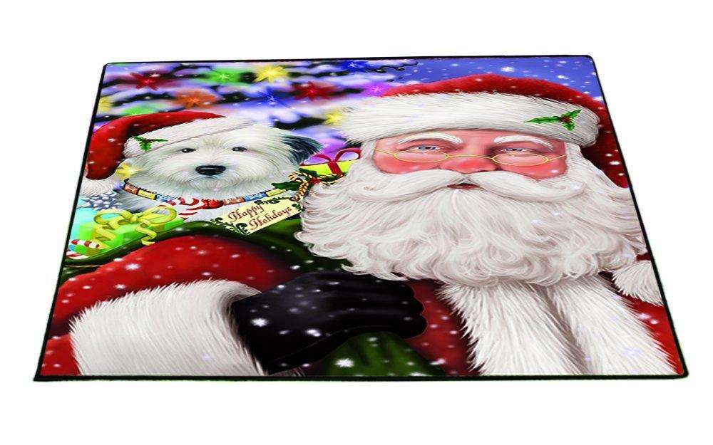 Jolly Old Saint Nick Santa Holding Old English Sheepdog Dog and Happy Holiday Gifts Indoor/Outdoor Floormat