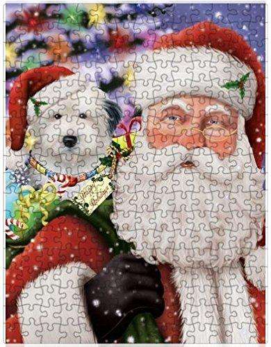 Jolly Old Saint Nick Santa Holding Old English Sheepdog Dog and Happy Holiday Gifts Puzzle with Photo Tin