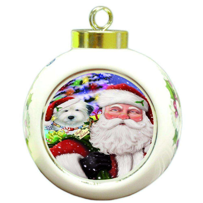 Jolly Old Saint Nick Santa Holding Old English Sheepdog Dog and Happy Holiday Gifts Round Ball Christmas Ornament D410