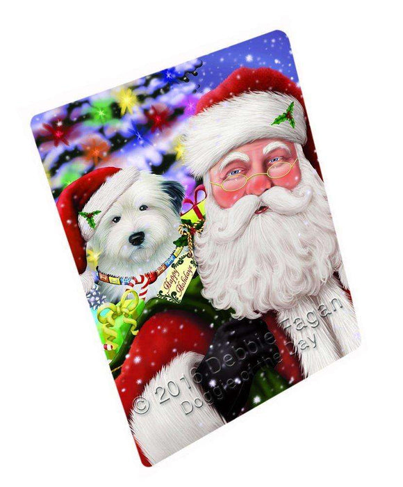 Jolly Old Saint Nick Santa Holding Old English Sheepdog Dog and Happy Holiday Gifts Tempered Cutting Board