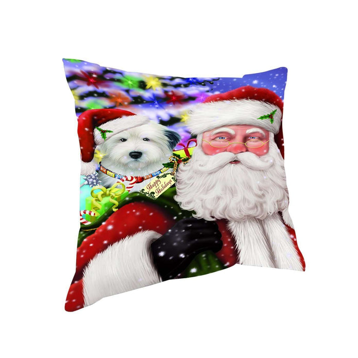 Jolly Old Saint Nick Santa Holding Old English Sheepdog Dog and Happy Holiday Gifts Throw Pillow