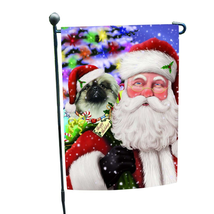 Jolly Old Saint Nick Santa Holding Pekingese Dog and Happy Holiday Gifts Garden Flag