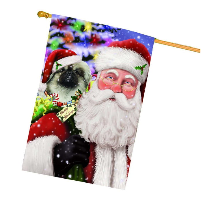 Jolly Old Saint Nick Santa Holding Pekingese Dog and Happy Holiday Gifts House Flag