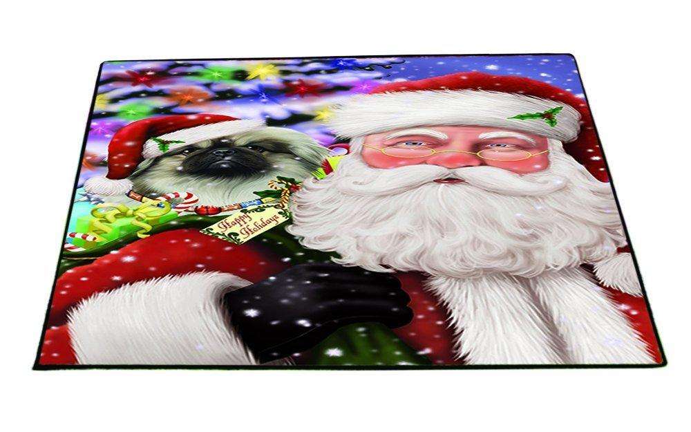 Jolly Old Saint Nick Santa Holding Pekingese Dog and Happy Holiday Gifts Indoor/Outdoor Floormat