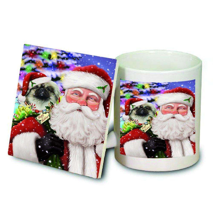Jolly Old Saint Nick Santa Holding Pekingese Dog and Happy Holiday Gifts Mug and Coaster Set