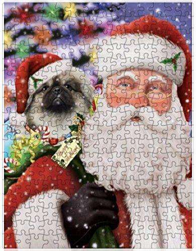 Jolly Old Saint Nick Santa Holding Pekingese Dog and Happy Holiday Gifts Puzzle with Photo Tin D340