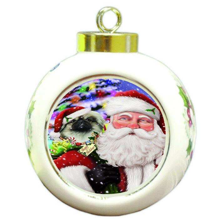 Jolly Old Saint Nick Santa Holding Pekingese Dog and Happy Holiday Gifts Round Ball Christmas Ornament D207