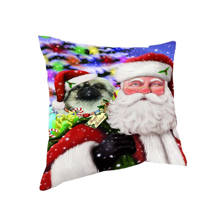 Jolly Old Saint Nick Santa Holding Pekingese Dog and Happy Holiday Gifts Throw Pillow