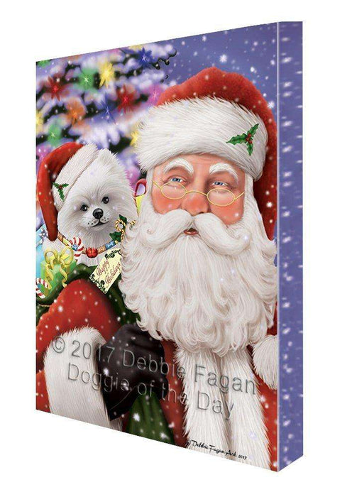 Jolly Old Saint Nick Santa Holding Pomeranians Dog and Happy Holiday Gifts Canvas Wall Art