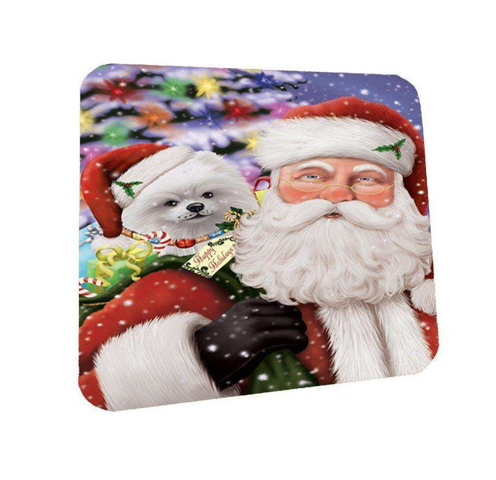 Jolly Old Saint Nick Santa Holding Pomeranians Dog and Happy Holiday Gifts Coasters Set of 4