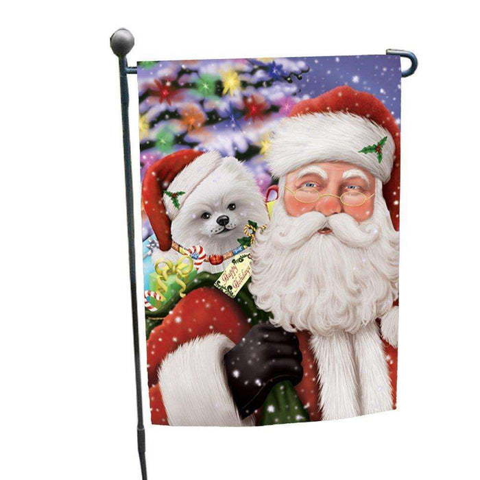 Jolly Old Saint Nick Santa Holding Pomeranians Dog and Happy Holiday Gifts Garden Flag