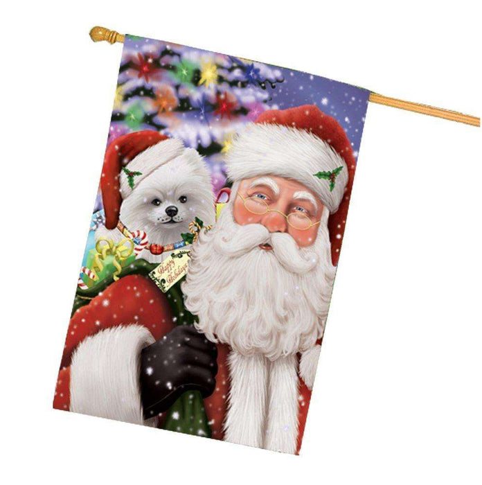 Jolly Old Saint Nick Santa Holding Pomeranians Dog and Happy Holiday Gifts House Flag