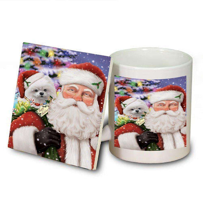 Jolly Old Saint Nick Santa Holding Pomeranians Dog and Happy Holiday Gifts Mug and Coaster Set