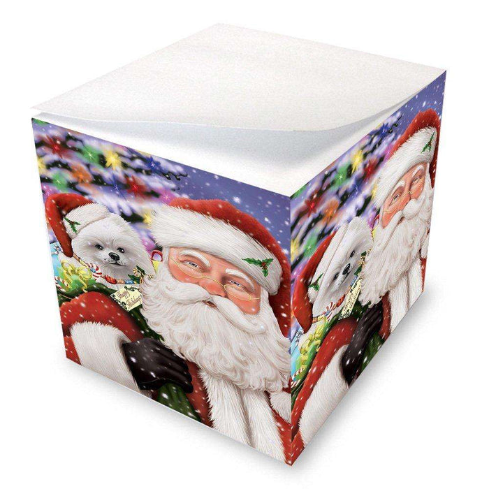 Jolly Old Saint Nick Santa Holding Pomeranians Dog and Happy Holiday Gifts Note Cube D192