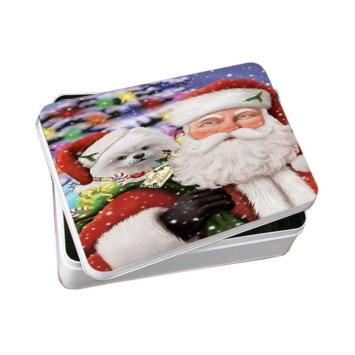 Jolly Old Saint Nick Santa Holding Pomeranians Dog and Happy Holiday Gifts Photo Storage Tin