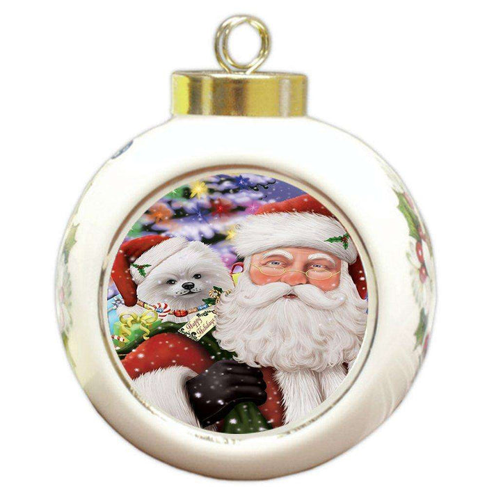 Jolly Old Saint Nick Santa Holding Pomeranians Dog and Happy Holiday Gifts Round Ball Christmas Ornament