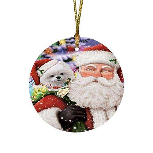 Jolly Old Saint Nick Santa Holding Pomeranians Dog and Happy Holiday Gifts Round Christmas Ornament