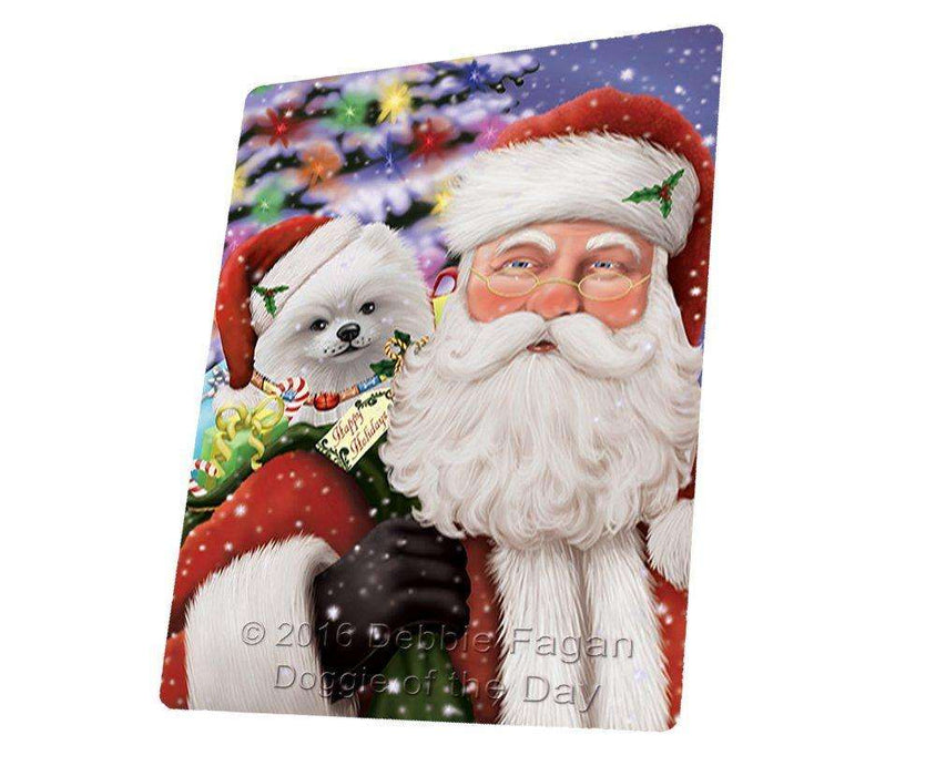 Jolly Old Saint Nick Santa Holding Pomeranians Dog and Happy Holiday Gifts Tempered Cutting Board