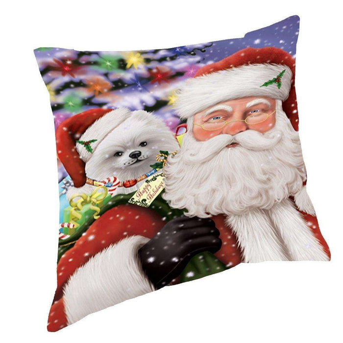 Jolly Old Saint Nick Santa Holding Pomeranians Dog and Happy Holiday Gifts Throw Pillow