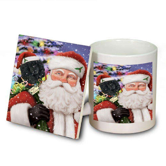 Jolly Old Saint Nick Santa Holding Poodles Dog and Happy Holiday Gifts Mug and Coaster Set