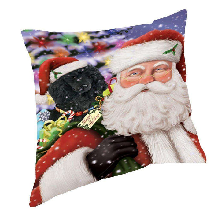Jolly Old Saint Nick Santa Holding Poodles Dog and Happy Holiday Gifts Throw Pillow