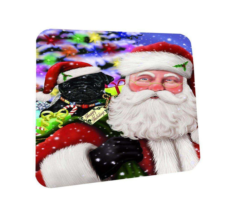 Jolly Old Saint Nick Santa Holding Pug Dog and Happy Holiday Gifts Coasters Set of 4