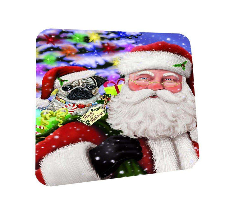Jolly Old Saint Nick Santa Holding Pug Dog and Happy Holiday Gifts Coasters Set of 4