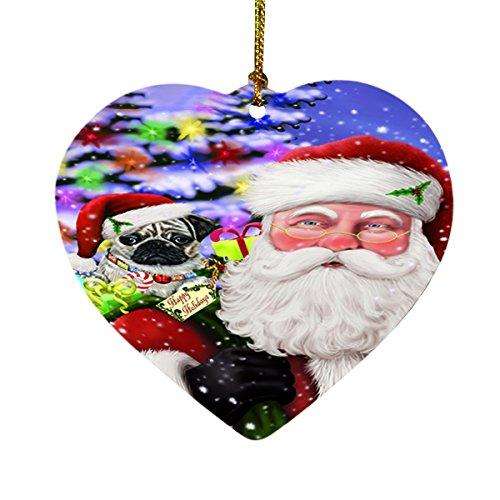 Jolly Old Saint Nick Santa Holding Pug Dog and Happy Holiday Gifts Heart Christmas Ornament D190
