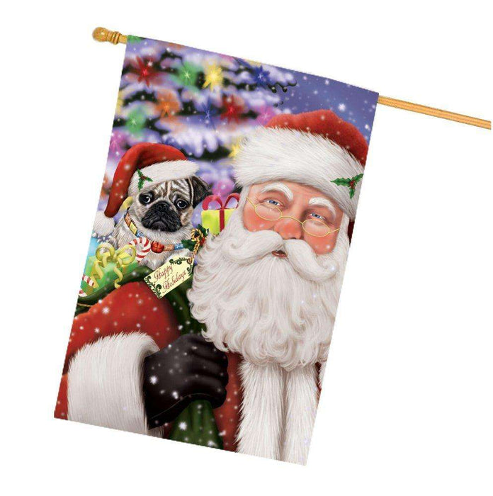 Jolly Old Saint Nick Santa Holding Pug Dog and Happy Holiday Gifts House Flag