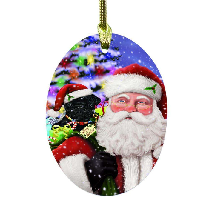 Jolly Old Saint Nick Santa Holding Pug Dog and Happy Holiday Gifts Oval Glass Christmas Ornament OGOR48875